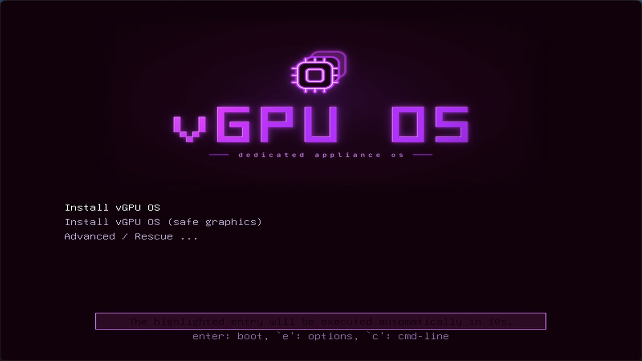 The vGPU OS USB boot menu, with the purple chip logo, the subtitle dedicated appliance os and the entries Install vGPU OS, Install vGPU OS (safe graphics) and Advanced / Rescue.